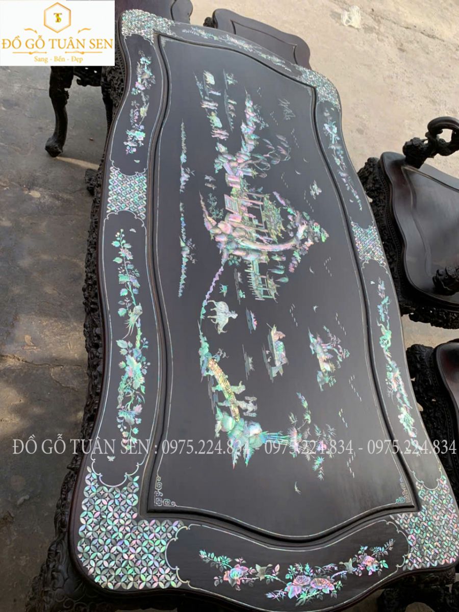 Hình ảnh bộ bàn ghế khánh rồng gỗ gụ 7 món khảm ốc 